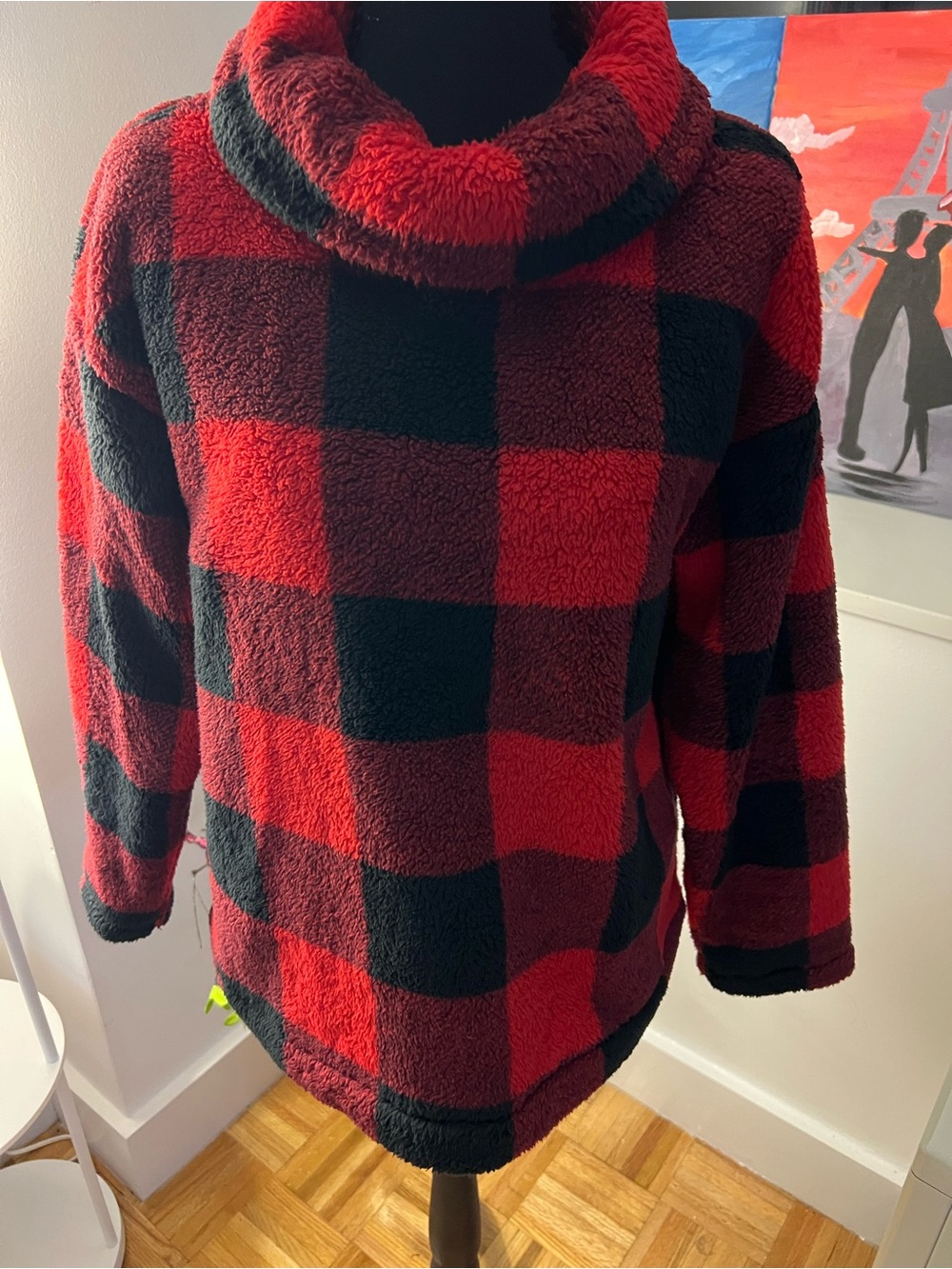 LOFT Red and Black Buffalo Plaid Cowl Neck Sweater